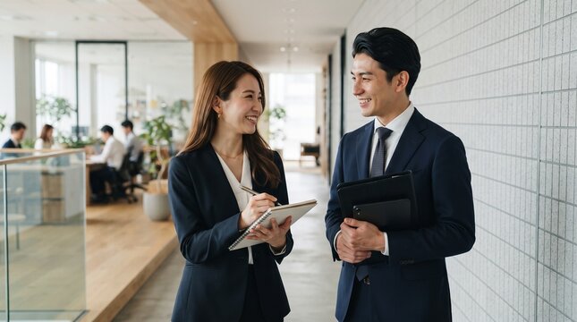 Young Asian business colleagues collaborating, smiling, and reviewing information on a digital tablet in a modern office environment