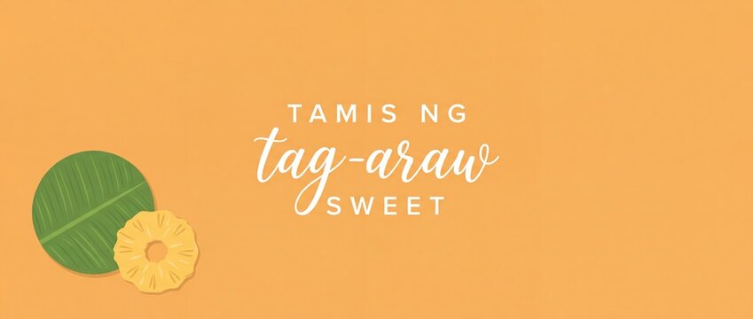 Summer tropical fruit background poster featuring Filipino typography tamis ng tag-araw and pineapple slice, creating a warm holiday card with clean minimalist graphic design and useful copy space.