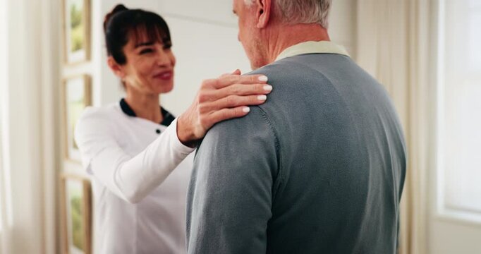 Health, old man and caregiver with support in home for medical progress, follow up and wellness. Hand on shoulder, senior patient and carer in homecare for routine checkup, healing and recovery news
