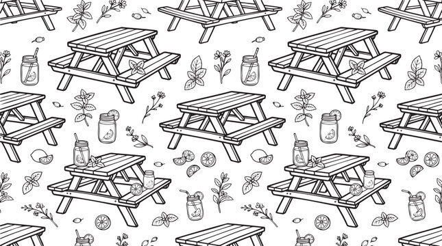 Hand Drawn Picnic Table Sketch Pattern for Summer Backgrounds