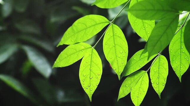 Leaf green water droplet raindrop close up foliage branch, tropical plant wet leaves after rain, natural bright botanical greenery background closeup