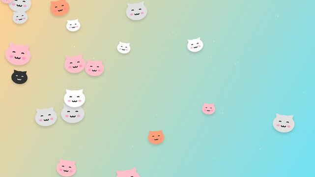 Cute Floating Cat Faces Background. Playful loop animation of adorable pastel cat emoticons drifting on a soft gradient. Perfect for kids, kawaii design projects, and fun social media content