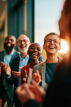 Diverse group of happy business professionals celebrating success with applause outside modern office building at sunset