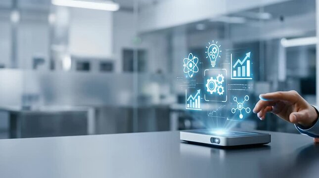 Innovative Technology Interaction Hand Touching Holographic Interface Modern Workspace