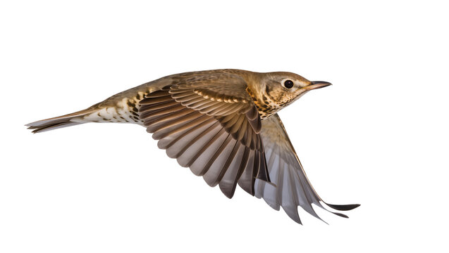 Brown spotted bird with wings spread in flight