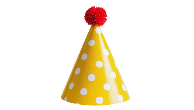 Yellow polka dot party hat with red pom pom