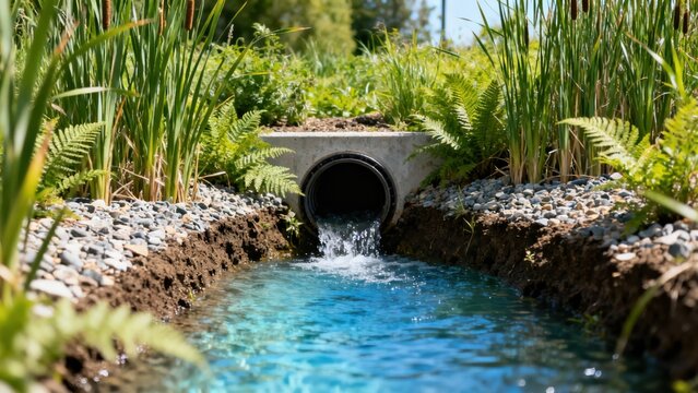 Concrete culvert pipe discharges fresh blue water into a constructed channel surrounded by bright green ferns and tall Typha reeds.