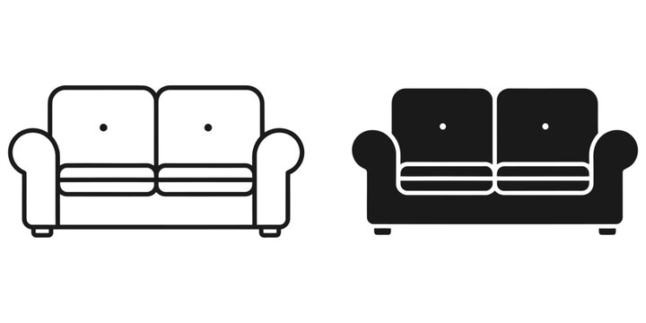 Two seater sofa icon in outline and solid black styles on white background for modern interior design concepts