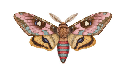 Furry moth with colorful wings and striped abdomen © Ophelia