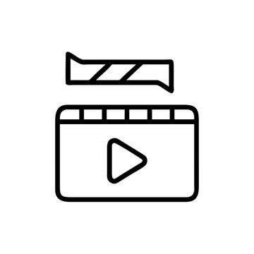 Video clapperboard with play button and film strip for production.