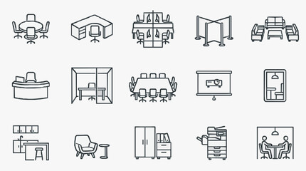 Fototapeta premium Professional Black and White Line Icons Set of Office and Meeting Room Furniture Arrangements with high quality professional line art symbols for modern creative design and digital branding projects