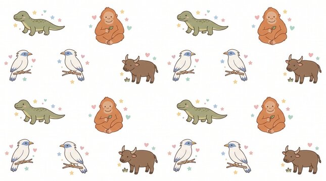 Komodo dragons, orangutans, Bali mynahs, anoas on white with colorful hearts and stars