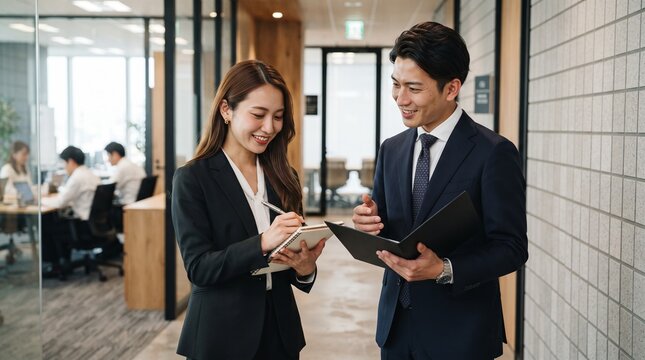 Young Asian business colleagues collaborating, smiling, and reviewing information on a digital tablet in a modern office environment