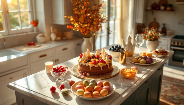 Festive Eid dessert spread with luxurious cake and macarons