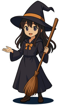 A witch standing and holding a broom