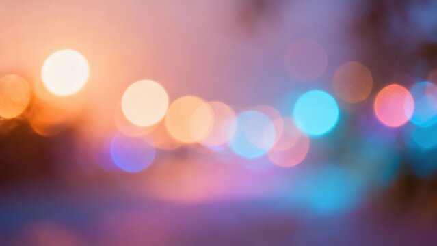 Bokeh effect abstract background featuring round light reflections and vibrant color gradient shifts from warm orange to cool blue and pink tones.