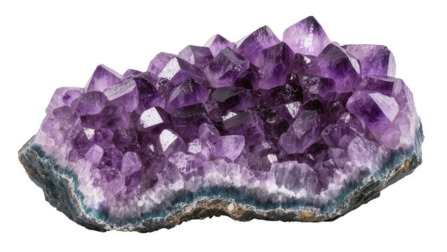 Amethyst geode cluster with purple crystals and rough stone base