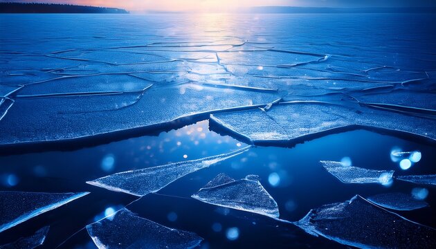 glowing from within reflections on cracked ice surface particles flying in wind deep blue twilight cinematic composition