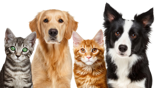 Four pets tabby cat golden retriever ginger cat border collie, studio portrait