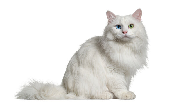 White fluffy cat with heterochromia eyes sitting