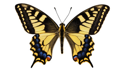 Yellow and black butterfly with blue markings on wings © Ophelia