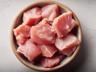 Raw Diced Turkey Breast Meat Cubes in a Rustic Bowl, Ready for Culinary Preparation