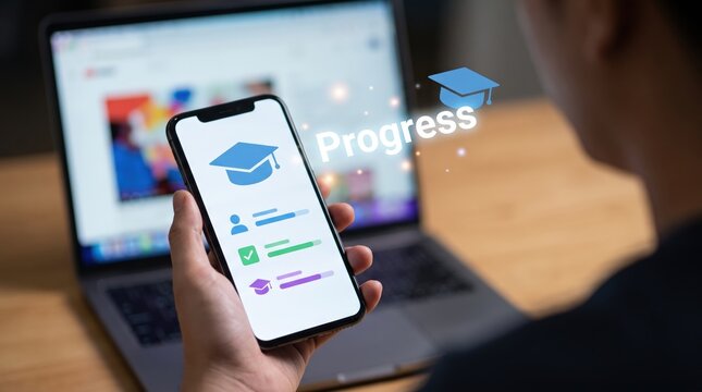 Digital E-Learning Education Progress: Online Academic Course Certification Management, Professional Skill Development Training, and Virtual Student Graduation Analytics using Mobile Smartphone Screen