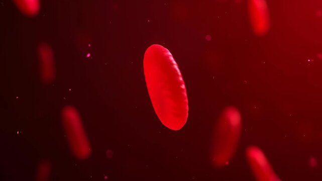 Macro shot of single red blood cell floating in plasma with fibrin threads visible, deep dark blood vessel background