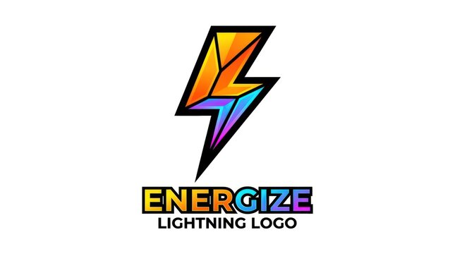 Energize lightning logo design with geometric colorful shards and bold text on white base.