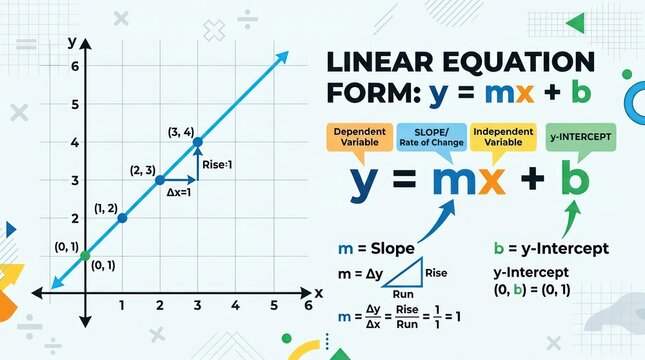 Linear equation form y=mx+b showing slope calculation and y-intercept on grid.