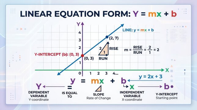 Linear equation form y=mx+b with graph illustrating slope and y-intercept point.