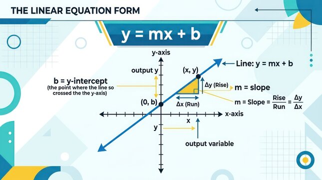 Linear equation form y=mx+b with graph illustrating slope and y-intercept.