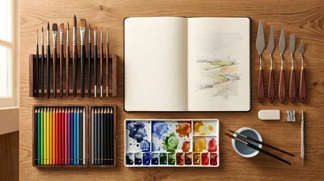 Painting Supplies and Sketchbook on Wooden Table, Creative Environment, Still Life Viewpoint, Artistic Concepts