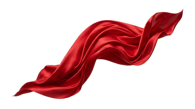 Vibrant red silk fabric floating in motion on a clean white background