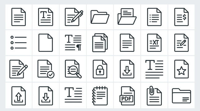 Document Icons Set: Files, Folders, Writing, Security, Data, PDF, Upload, Download