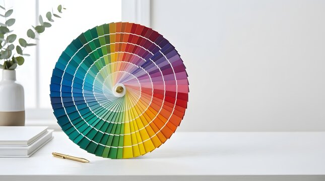 Colorful Paint Sample Wheel Displayed on Table for Interior Design Inspiration in Bright Modern Workspace