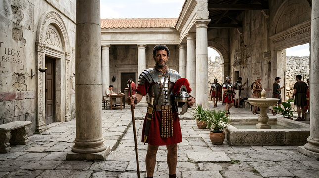 Roman commander standing in a stone courtyard with legio x fretensis inscription