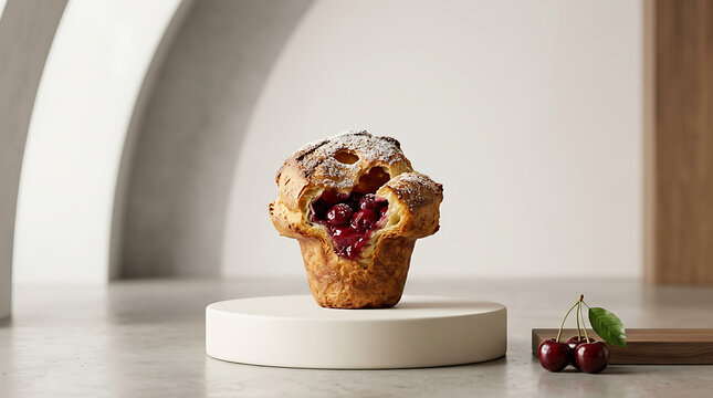 Freshly Baked Cherry Popover Pastry Filled with Sweet Berries on a Modern Minimalist Marble Pedestal
