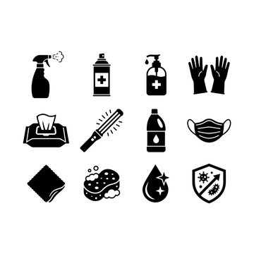 Set of disinfection black icons sanitation cleaning hygiene sterilization tools collection bundle for virus prevention graphic design, vector illustration
