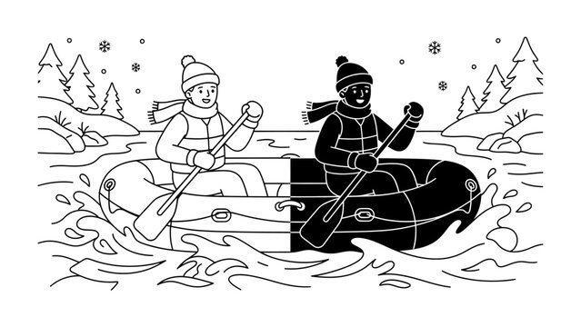 Winter Rafting Adventure: Two figures navigate a rough river in an inflatable raft, braving the cold with winter hats and scarves, surrounded by snowy trees and winter landscape.