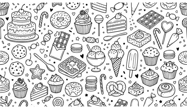 Hand Drawn Bakery Dessert Seamless Pattern with Chocolate Cupcake Cookie and Ice Cream Doodles