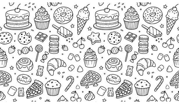 Seamless Sweet Food Doodle Pattern with Cake Ice Cream Donut Chocolate and Bakery Vector Background