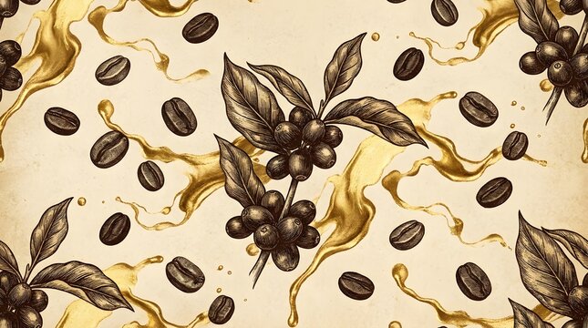 Vintage Coffee Beans and Luxury Liquid Gold Splashes Hybrid Seamless Pattern
