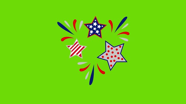 Patriotic fireworks star burst animation overlay, festive celebration stars and fireworks motion graphic, holiday fireworks green screen and black screen animation element