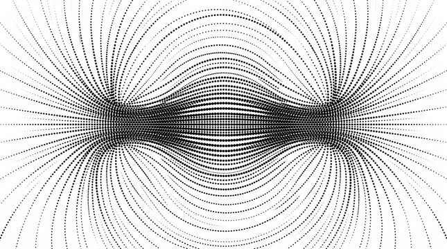 Curved lines of black dots create an abstract visual field, flowing from two dense poles on white