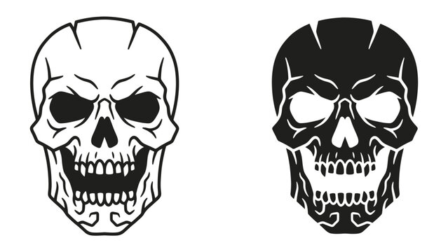 Two stylized skulls, one in outline and one in solid black, with detailed bone structure and a sinister grin, evoke a sense of mystery and the macabre.