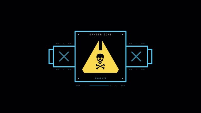 Futuristic digital warning sign with a skull and crossbones icon.