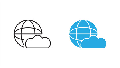 Fototapeta premium Minimal internet cloud network line icon featuring a globe connected with a cloud symbol. Suitable for cloud computing, web hosting, online storage, internet services, networking, and digital technolo