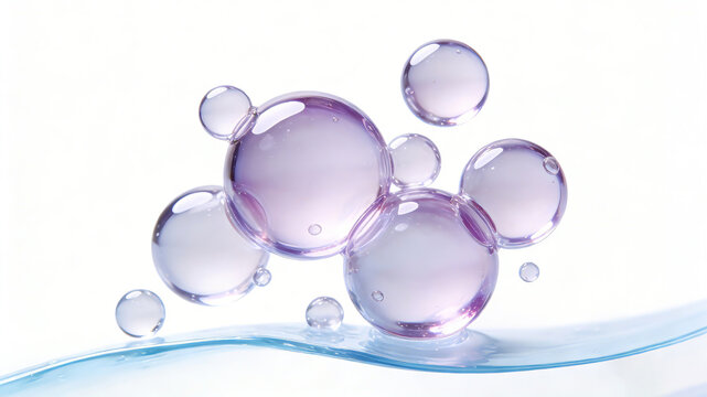 The light purple transparent essence bubbles float on the clear water surface, representing hyaluronic acid to replenish water, moisten the skin bottom, and clean the skin
