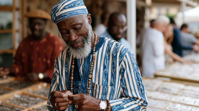 Nigerian coin collector at a Saturday market examining a rare hammered silver piece held up to outdoor light, the dealer watching from behind a table covered in sorted trays,